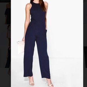 Navy wide leg jumpsuit with pockets